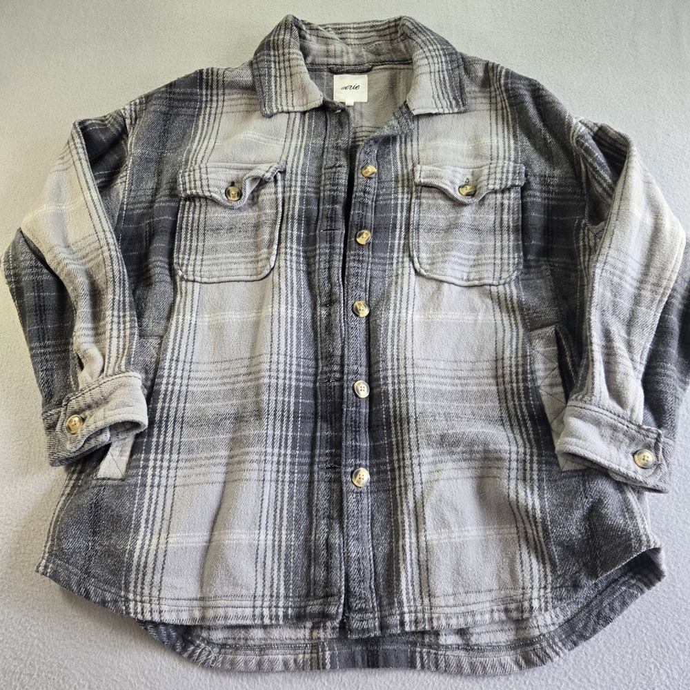 Aerie Flannel Shacket Womens XL Grey Plaid Oversized Cotton Button Up Jacket